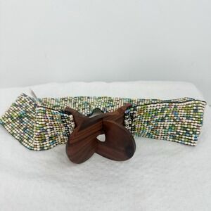 Vtg belt stretchy 2.5" wide brown Teal Green beads wooden closure Retro Boho 28"